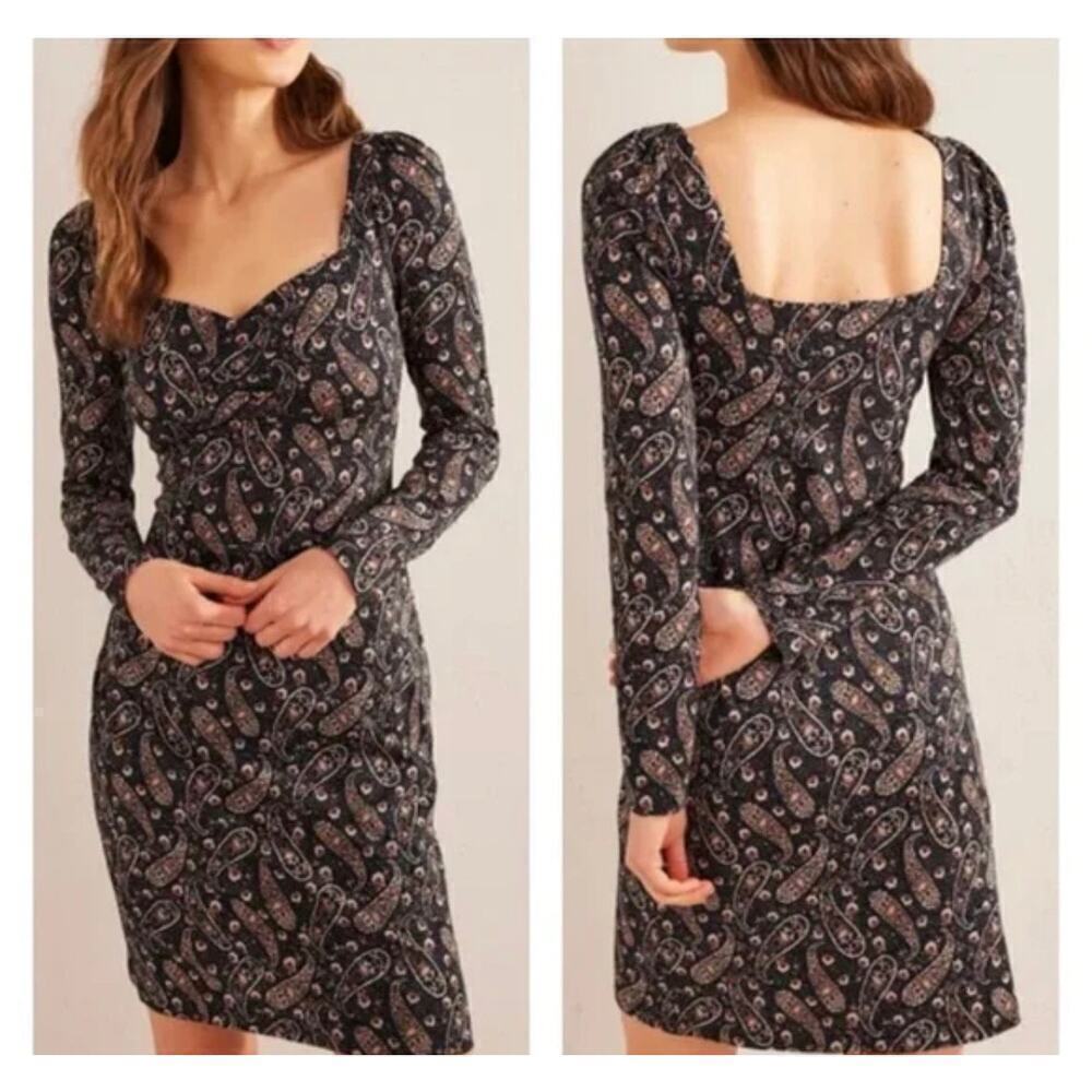 Boden Black Multicolor Paisley Print Sweetheart Neck Long Sleeve Jersey Dress
